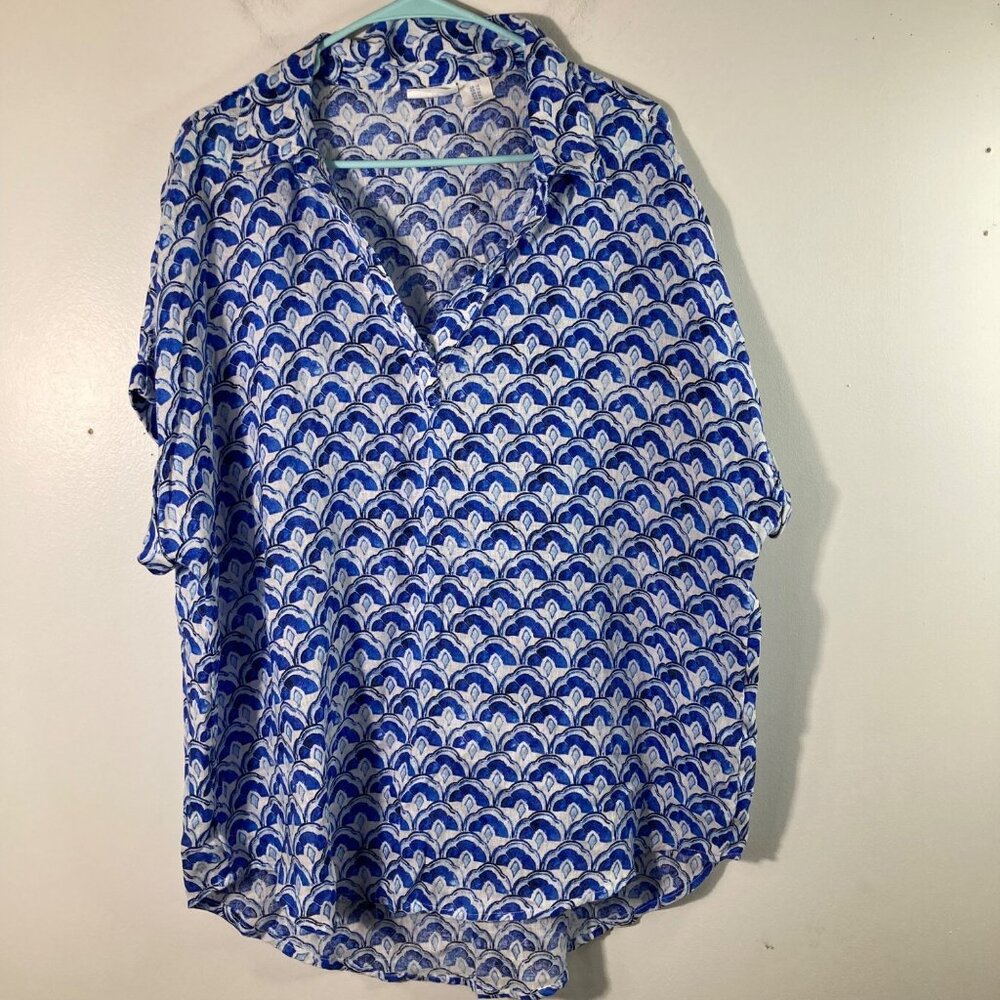 Womens Sigrid Olsen V Neck Linen Tunic Pullover Blue Design‎ 1X White Blue